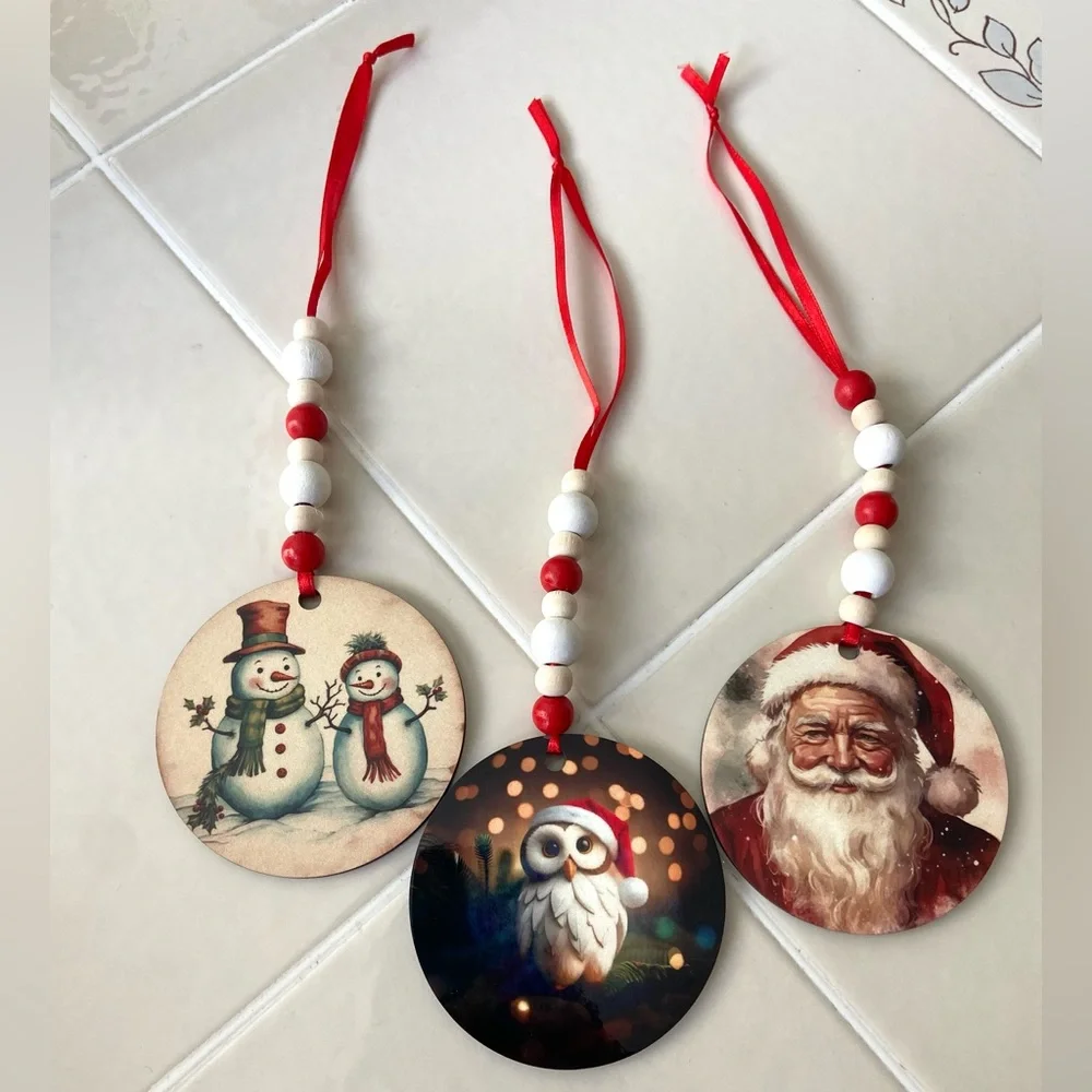 Handmade Festive Christmas Ornaments with Red Accents Double Sided